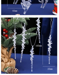 Detailed view of clear acrylic reindeer and icicle ornaments with specific dimensions