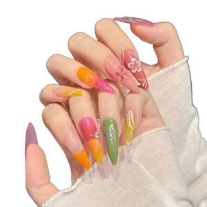 Handmade stiletto press-on nails with 3D carved flowers and gradient colors