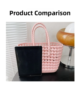 Detailed view of hollow woven pink jelly bag with dual handles for size reference