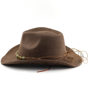 Bohemian dark brown suede cowboy hat with ethnic beads and braided rope accent
