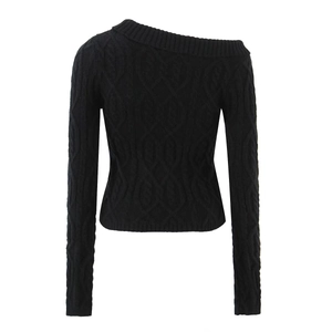 Detail of black cable knit sweater with a unique asymmetric off-the-shoulder neckline