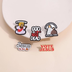 Five-piece Cheesus religious enamel pin set with creative slogans on white display tray
