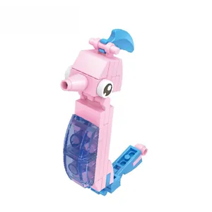 Macro detail of cartoon seahorse building blocks with blue transparent modular parts
