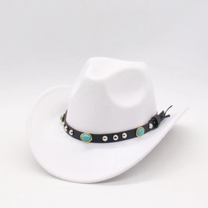 Detail of white felt cowboy hat with turquoise beads and silver metal rivets on black band