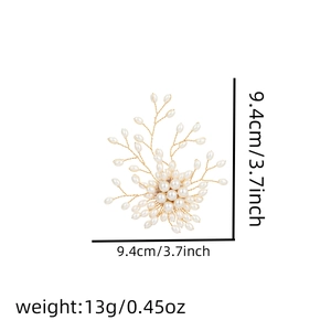 Detailed view of pearl tree brooch dimensions 9.4cm with gold wire and 13g weight specs
