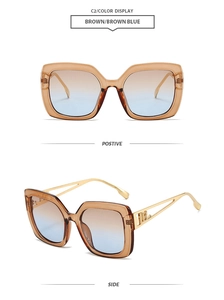Detailansicht der braunen quadratischen Sonnenbrille mit Verlaufsgläsern und Metallbügeln