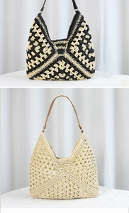 Close-up of bohemian crochet straw tote bags with geometric patterns and leather straps