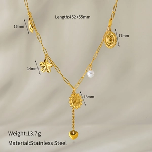 Detailed view of gold stainless steel necklace with heart and floral pendants and dimensions