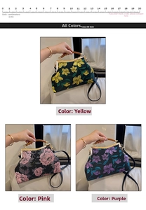 Detailed view of three vintage floral embroidery handbags with wooden handles and gold clasps