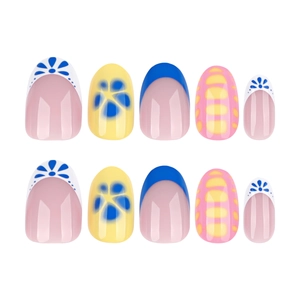 Short oval press-on nails with blue floral French design and summer color patterns
