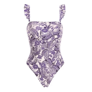 Détail de l'imprimé libellule et fleurs sur le maillot avec des bretelles à volants