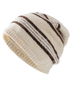 Detailed texture of beige knitted wool beanie with brown and grey striped patterns