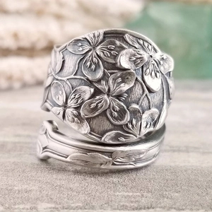 Vintage Antique Silver Alloy Ring Floral Relief Flower Spoon Ring Style Retro Exaggerated Jewelry For Women