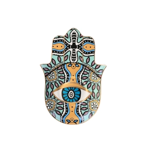 Hamsa hand ceramic jewelry tray with colorful Fatima's eye and bohemian geometric patterns
