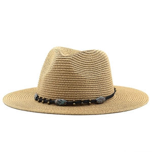 Straw fedora hat with turquoise beads and braided band for sun protection