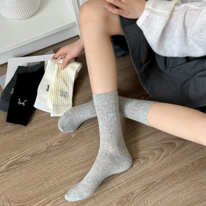 Women's ballet style thin cotton socks with delicate bow embroidery in various colors