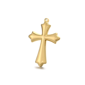 Polished gold stainless steel cross pendant with decorative curved tips on white background