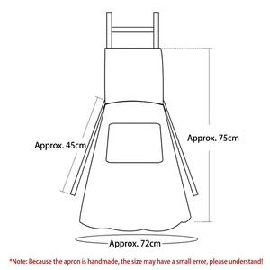 Lace-trimmed waterproof apron size guide with neck strap and pocket dimensions
