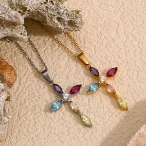 18K gold and silver plated stainless steel necklaces with colorful gemstone crosses