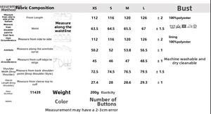 Tableau des tailles avec mesures et détails du tissu pour ensemble chemise et jupe