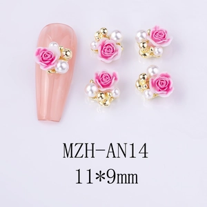 Detailed 11x9mm pink resin rose nail art charms with pearls and gold metal accents