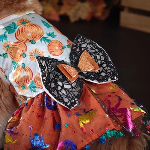 Halloween pet dress with pumpkin print, black lace bow and orange glitter mesh tutu skirt