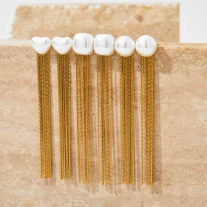 Elegant Stainless Steel Long Tassel Drop Earrings With Artificial Pearl Square Heart Round Shapes For Women Fashion Accessory