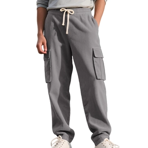 Men's retro corduroy cargo pants in grey with loose straight leg and drawstring waist