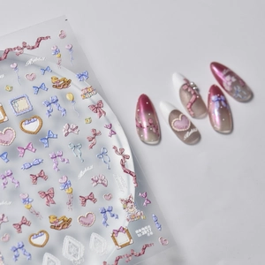 3D embossed nail stickers featuring colorful bows and cute rabbits for Japanese style manicures