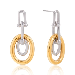 Industrial style titanium steel link earrings with gold and silver two-tone plating design