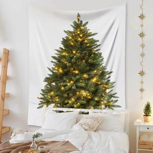 Detail of Christmas tree tapestry with warm yellow lights on white fabric background