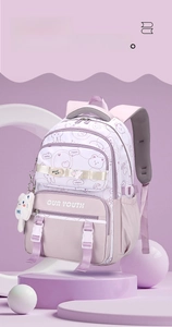 Detail of lavender school backpack with bear prints and plush cat charm accessory