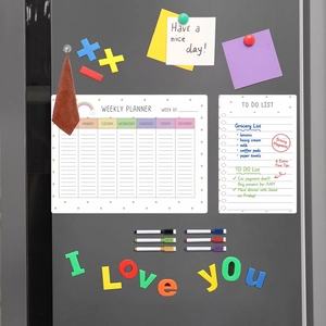 Magnetic weekly planner and to do list set with 6 markers on grey refrigerator door