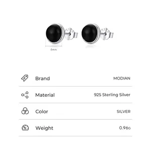Elegant S925 sterling silver black agate stud earrings with 6mm round bead design
