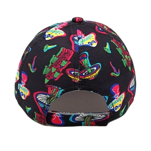 Rear view of mushroom print baseball cap showing adjustable strap detail on white background