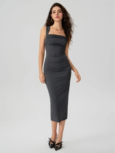 Women Sexy Ribbed Knit Bodycon Midi Dress Sleeveless Square Neck Ruched Side Slim Fit Elegant Party Apparel