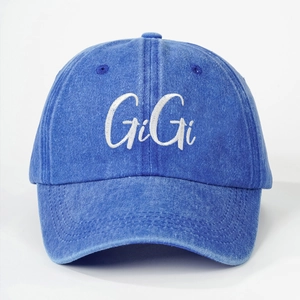Classic washed blue denim baseball cap with white GiGi embroidery for men and women