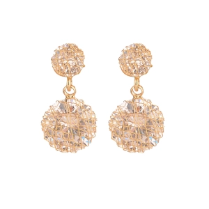 Elegant gold metal mesh woven drop earrings with cubic zirconia crystals in spherical design
