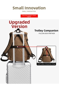 Detail of the luggage strap on a brown canvas backpack for easy travel attachment