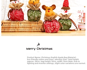 Detail of four Christmas drawstring gift bags featuring snowman elk and santa claus dolls