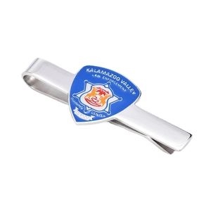 Polished silver tie clip with blue Kalamazoo Valley Law Enforcement emblem for men