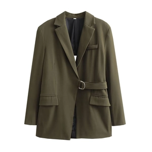 Veste blazer femme vert olive foncé à manches longues avec ceinture réglable