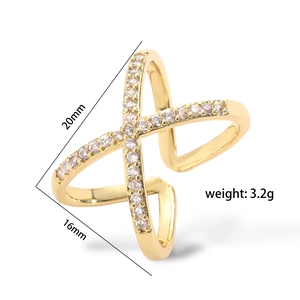 Cross X-shaped gold plated ring with white zircon stones for women minimalist design