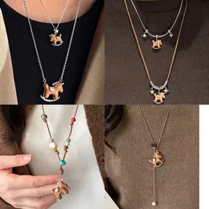 Retro Rocking Horse Pendant Necklace Wooden Alloy Animal Charm Beaded Long Sweater Chain For Women Versatile Accessory