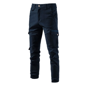 Classic dark blue cargo pants for men featuring multiple pockets on white background