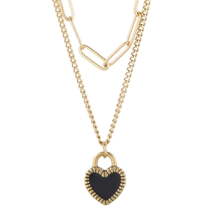 Double-layer gold stainless steel necklace with paperclip chain and black heart padlock