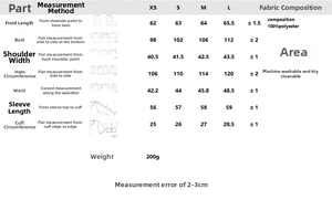 Detailed size chart for bow blouse showing measurements for XS S M L in centimeters