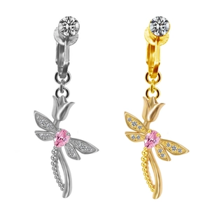 Boucles d'oreilles libellule avec pierre rose et cristaux en coloris argent et or