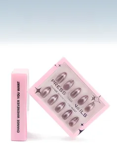 Detail of 30-piece set almond press-on nails in translucent grey cat-eye finish
