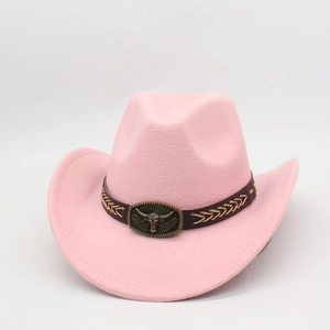 Pink western felt cowboy hat with a brown leather belt and golden bull head ornament